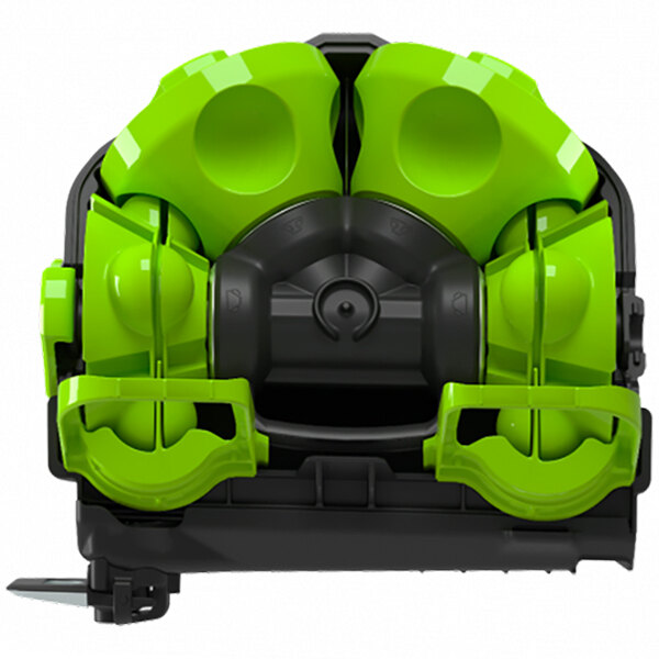 a green plastic object with black and grey objects