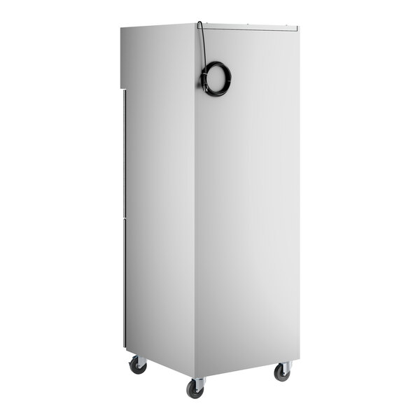 A stainless steel reach-in refrigerator with a left-hinged glass half door and casters.