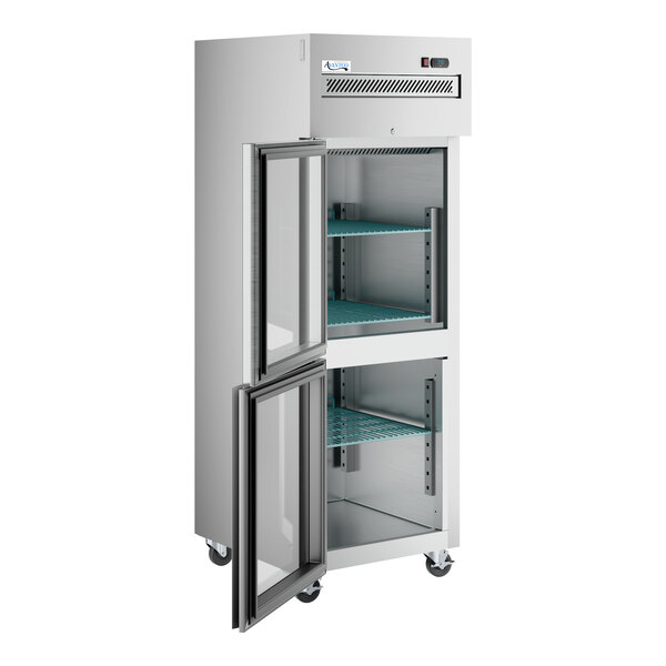 A stainless steel reach-in refrigerator with two left-hinged glass half doors and interior shelving.