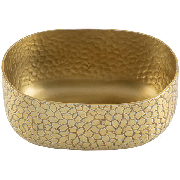 A Tablecraft gold aluminum bowl with a patterned design.