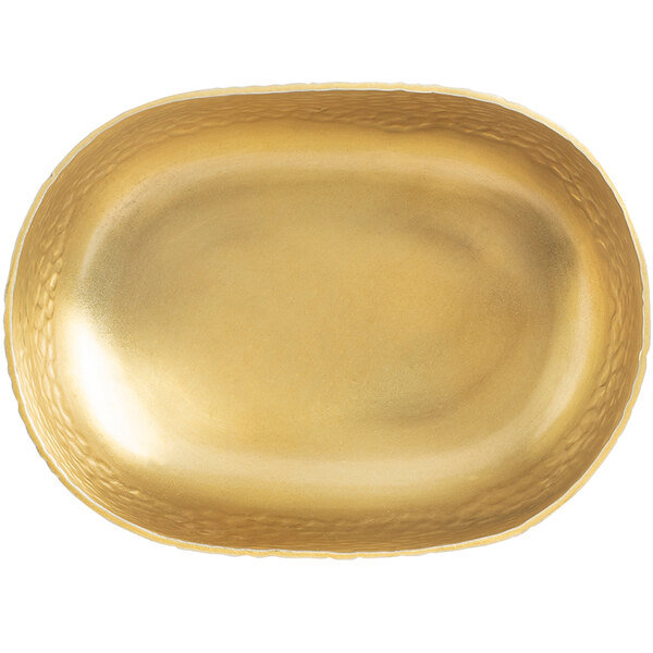 A gold oval Tablecraft serving bowl.