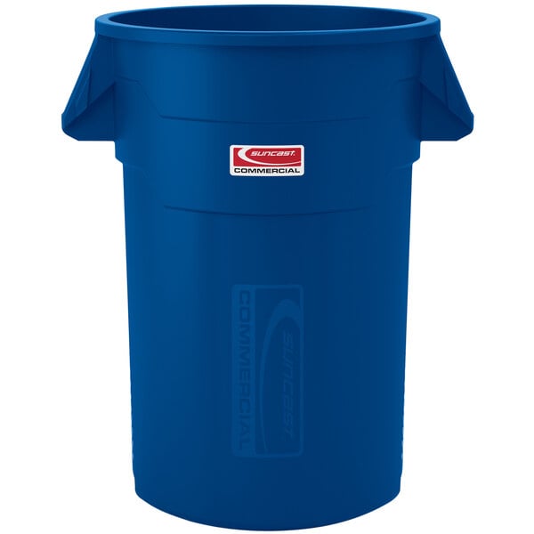 a blue trash can with a red and white label