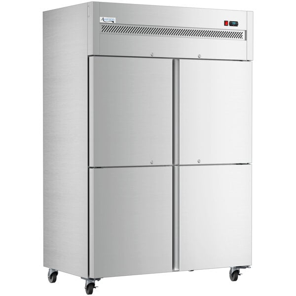 An Avantco stainless steel reach-in refrigerator with half doors.