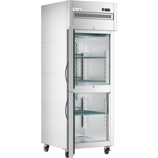 An Avantco stainless steel reach-in refrigerator with glass doors and shelves on a white background.