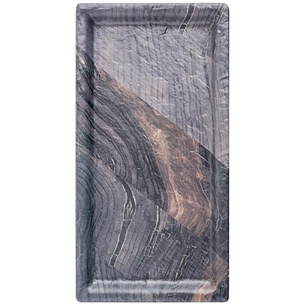 A Tablecraft rectangular faux wood melamine serving tray with a wood pattern.
