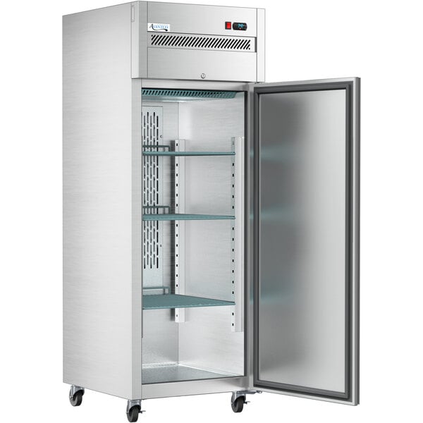 A stainless steel Avantco reach-in refrigerator with a close-up of the door.