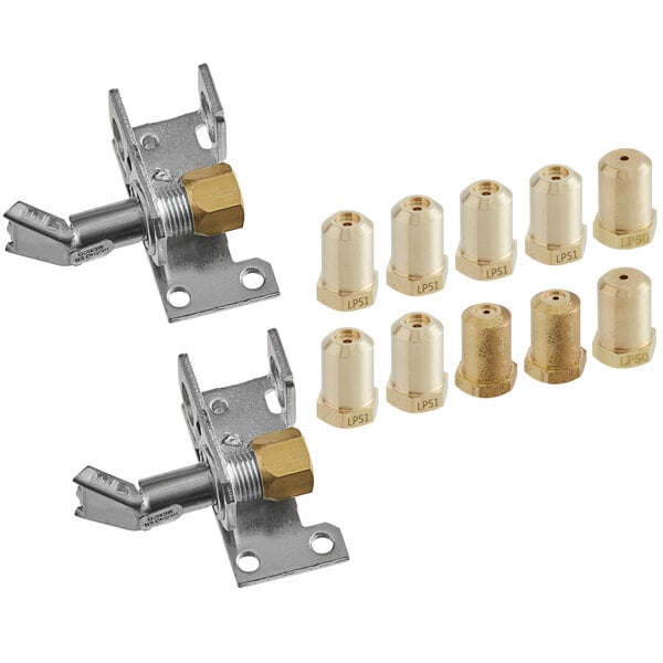 A metal and gold Cooking Performance Group conversion kit piece with screws.