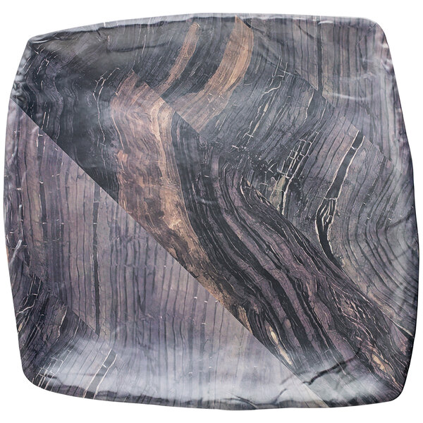 A Tablecraft square melamine tray with a brown and black striped surface.