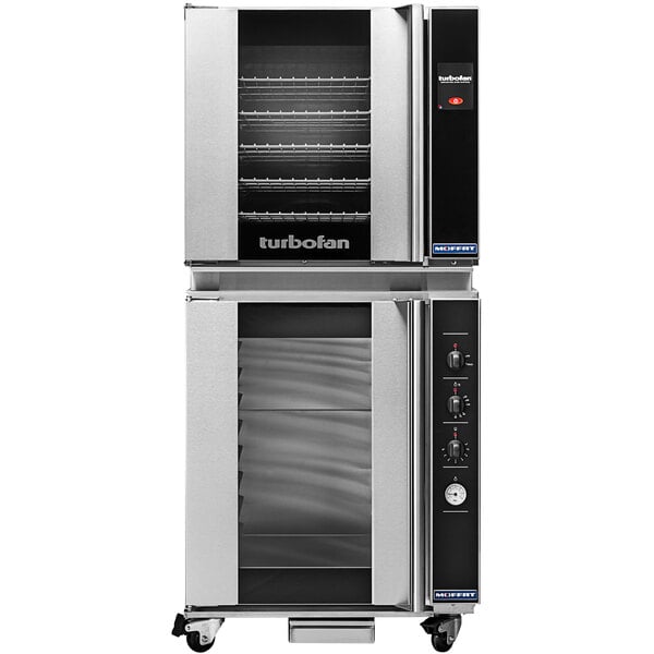 A large Moffat Turbofan electric convection oven with two doors open.