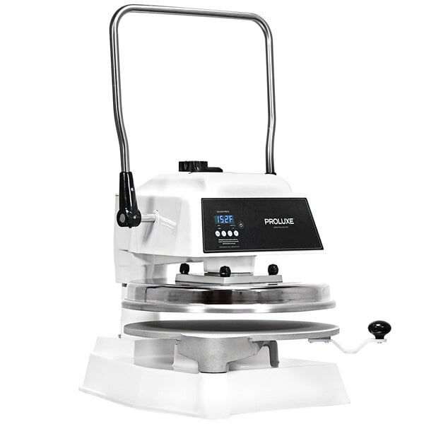 A white and black Proluxe Endurance X1 manual heavy-duty pizza dough press.