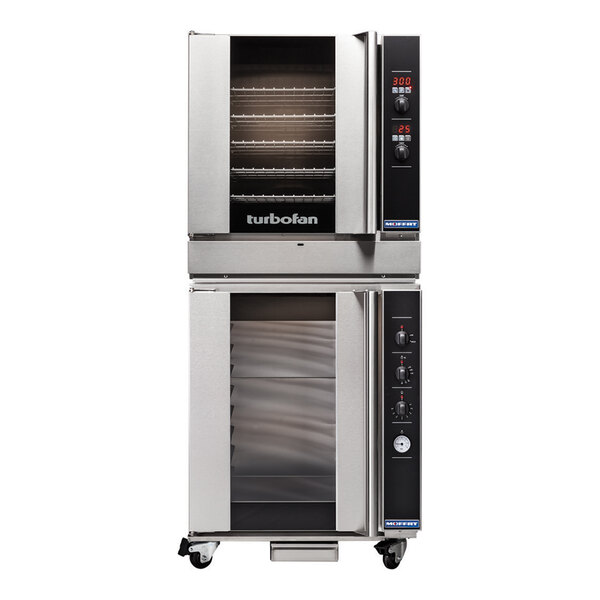 A Moffat Turbofan natural gas commercial convection oven with two open doors and shelves inside.