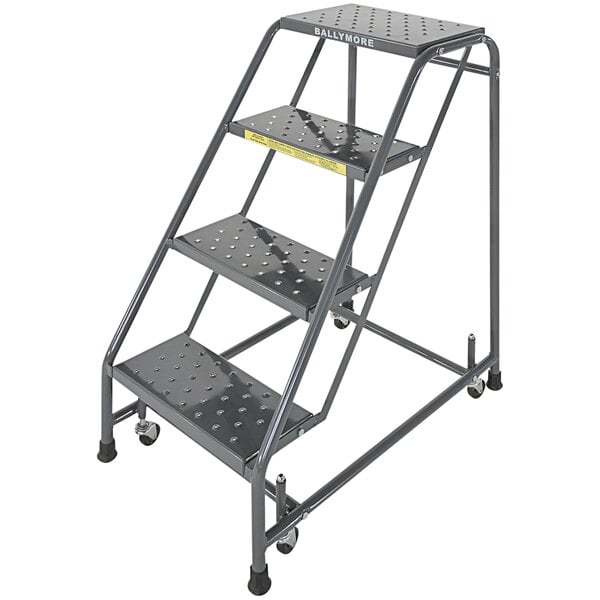 A Ballymore metal rolling ladder with four steps and spring loaded casters.