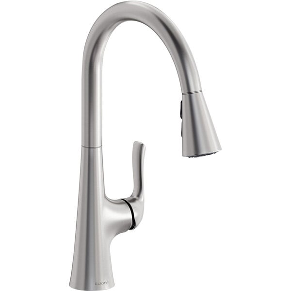 A silver faucet with a curved handle.