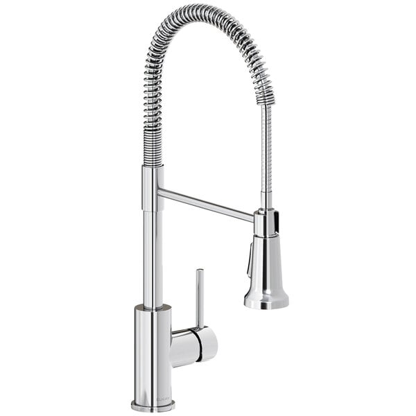 An Elkay chrome deck-mount kitchen faucet with a semi-professional curved spout.