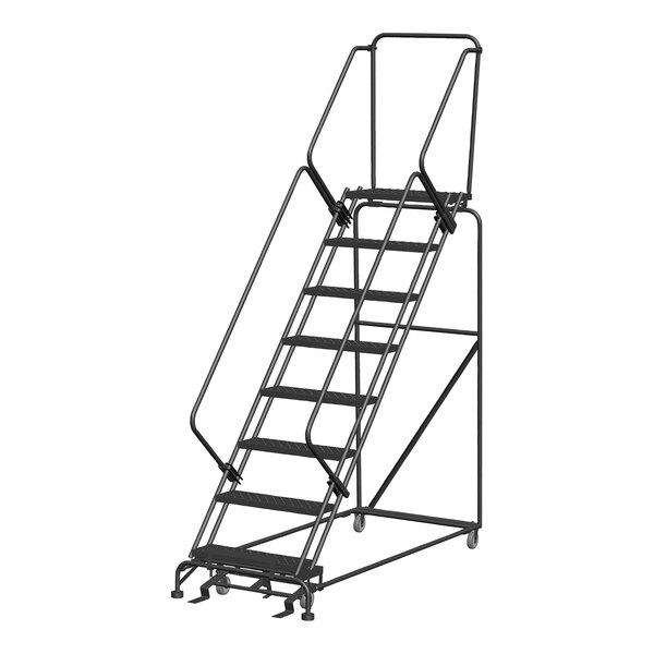 A gray steel Ballymore walk down ladder with wheels.
