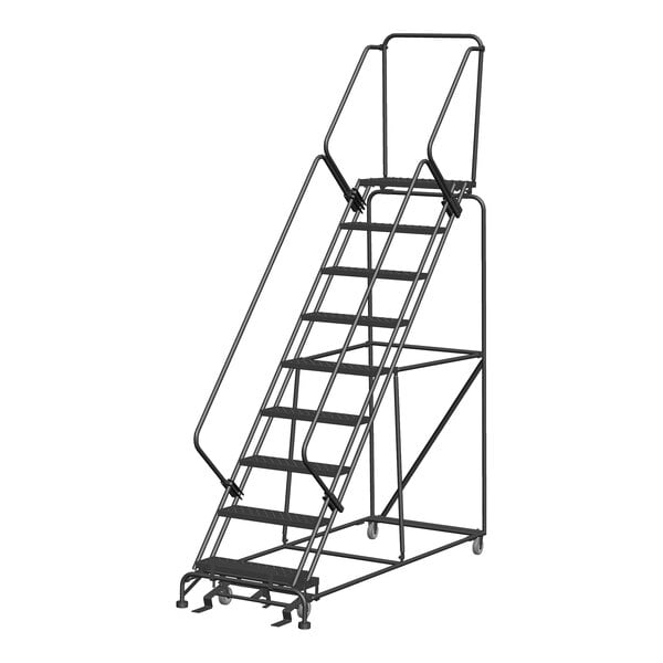 A gray steel Ballymore rolling ladder with metal bars on the sides.