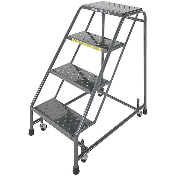 A metal Ballymore rolling ladder with 4 steps and wheels.