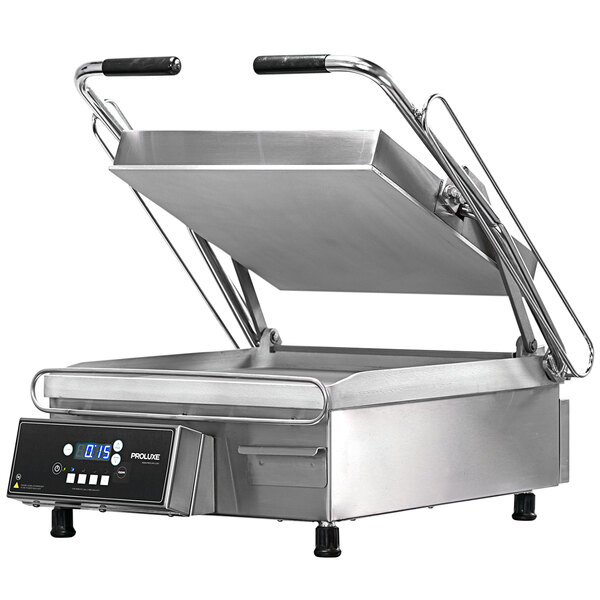 A Proluxe Vantage stainless steel clamshell sandwich grill on a counter.