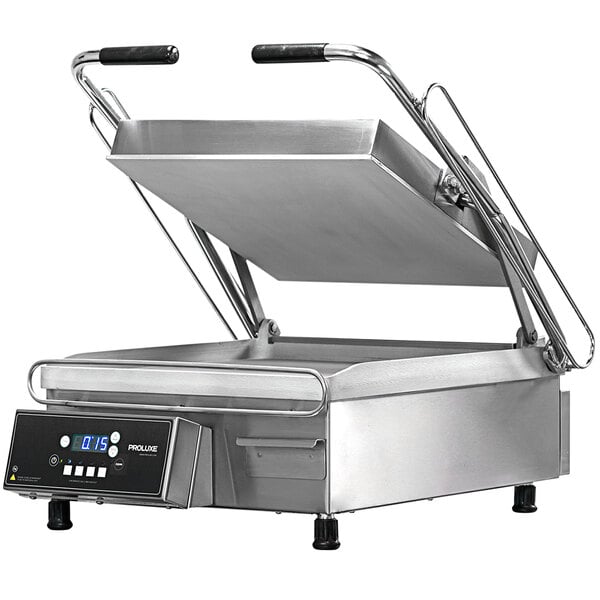 A Proluxe Vantage clamshell sandwich grill on a counter.
