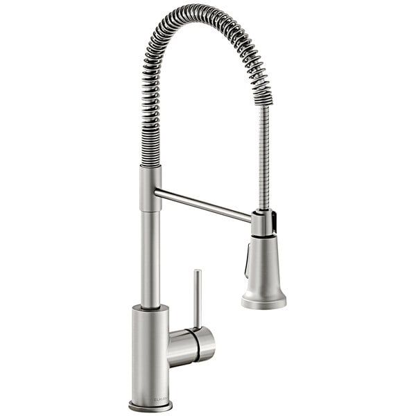 An Elkay lustrous steel deck-mount kitchen faucet with a curved spout and forward lever handle.