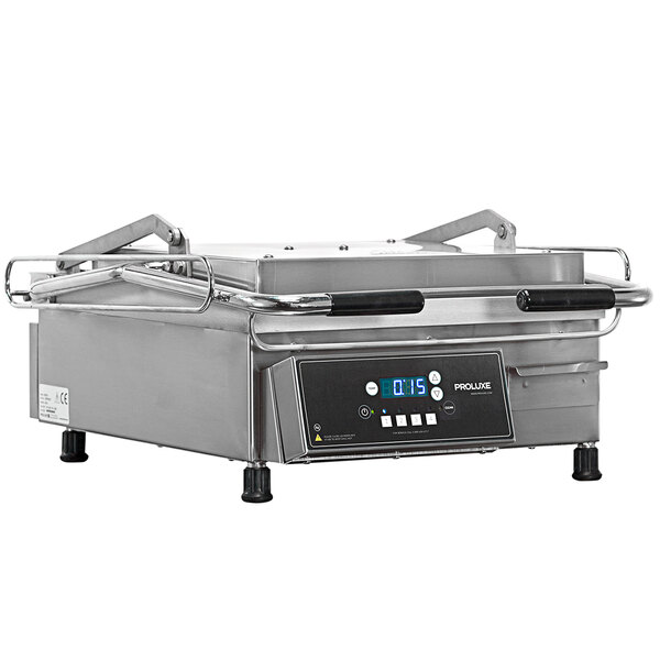 A Proluxe Vantage clamshell sandwich grill on a counter in a professional kitchen with a digital display.