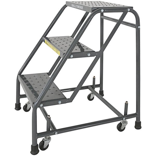 A metal Ballymore 3-step rolling ladder.