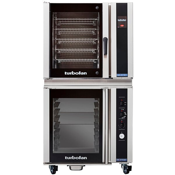 A large black Moffat Turbofan electric convection oven with the door open.