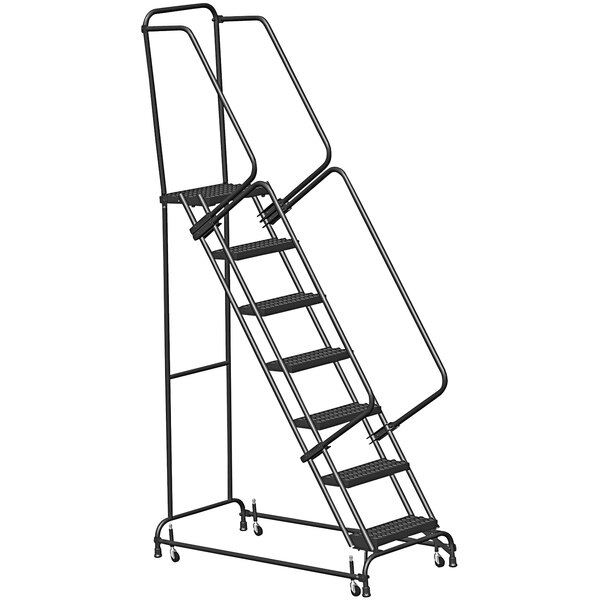 A black Ballymore 7-step rolling ladder with metal bars and wheels.