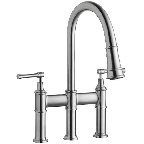 An Elkay lustrous steel deck-mount bridge faucet with lever handles.