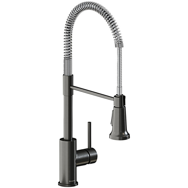 a black faucet with a spring