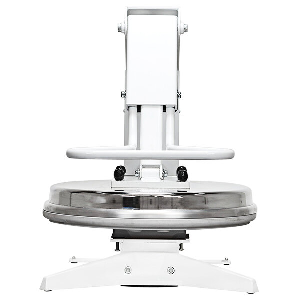 A white Proluxe Flex X1 manual pizza dough press with a round metal base.