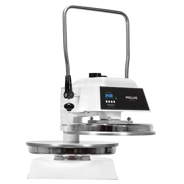A white and black Proluxe Endurance X2 Dual-Heat Pizza and Tortilla Press.