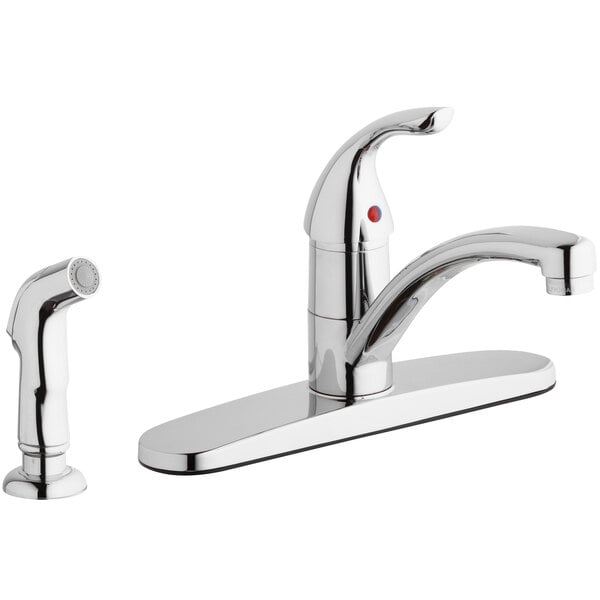 A close-up of an Elkay chrome deck-mount kitchen faucet with lever handles.