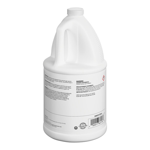 A one-gallon plastic jug of concentrated pot and pan liquid detergent.