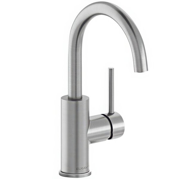 A Zurn Lustrous Steel deck-mount bar faucet with a gooseneck spout and lever handle.