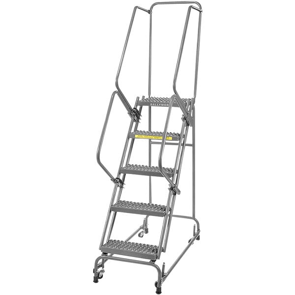 A metal Ballymore 5-step rolling ladder.