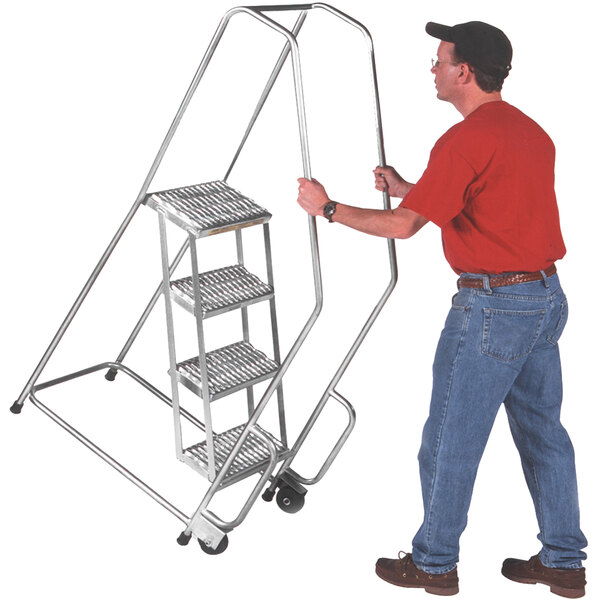 A man pushing a Ballymore aluminum rolling ladder.