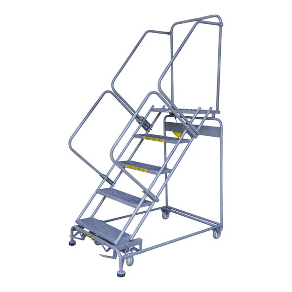 A Ballymore steel rolling ladder with metal bars and 5 steps.