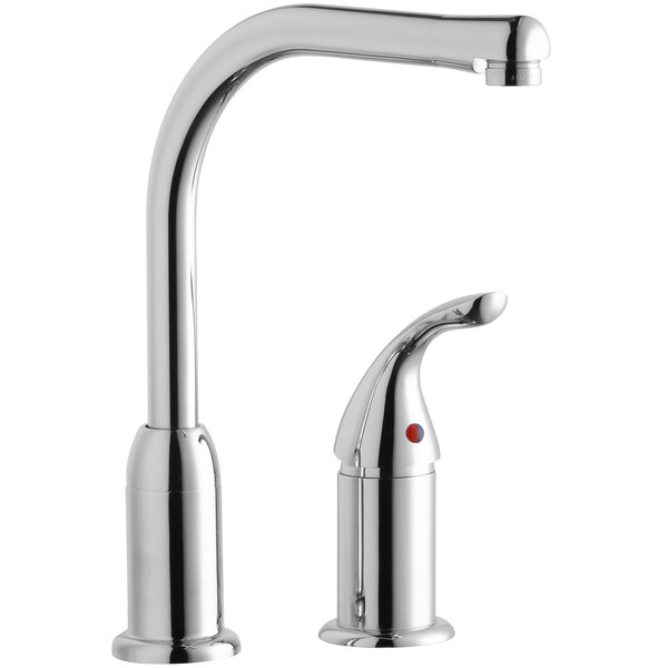 An Elkay chrome kitchen faucet with a remote lever handle and valve connection.