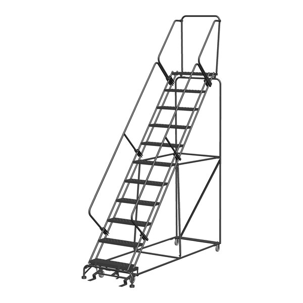 A gray steel Ballymore rolling ladder with metal bars and wheels.