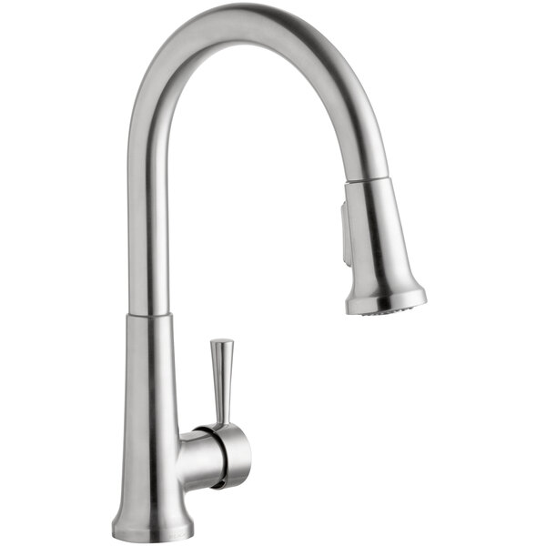 An Elkay lustrous steel deck-mount kitchen faucet with a pull-down spray head and forward lever handle.