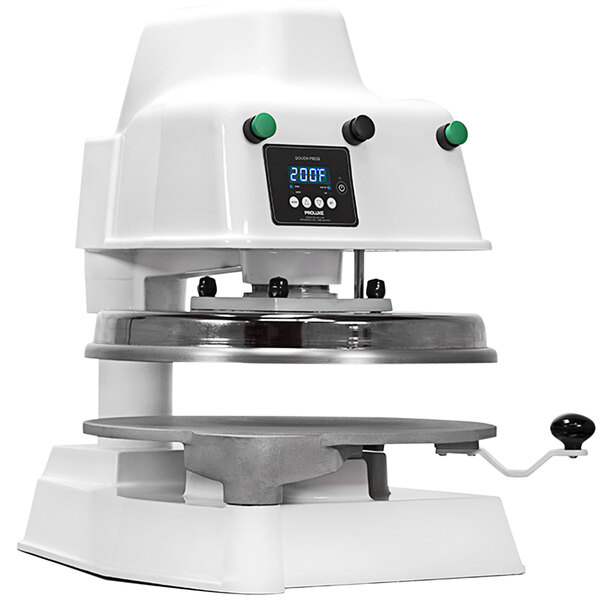 A white Proluxe Impact X1 heavy-duty pizza dough press with a digital display.