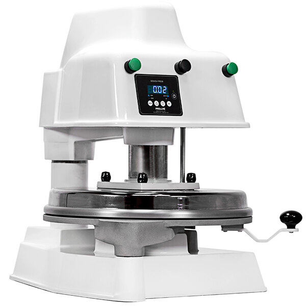 A white Proluxe Impact X1 pizza dough press machine with a digital display.