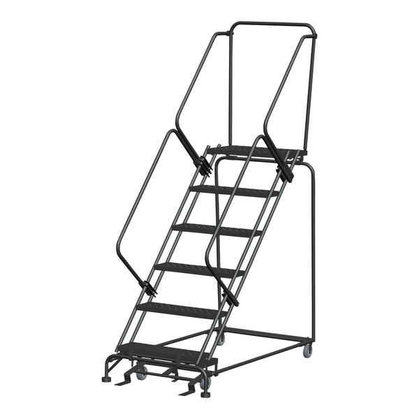 A gray steel Ballymore rolling ladder with black metal handrails.