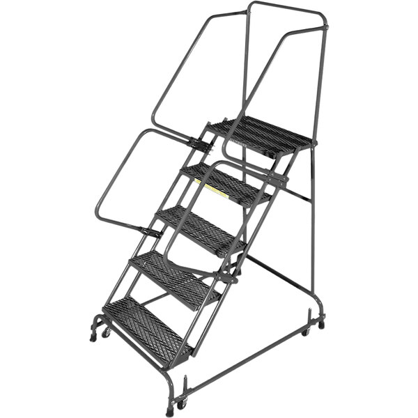 A Ballymore rolling metal ladder with 5 steps and wheels.