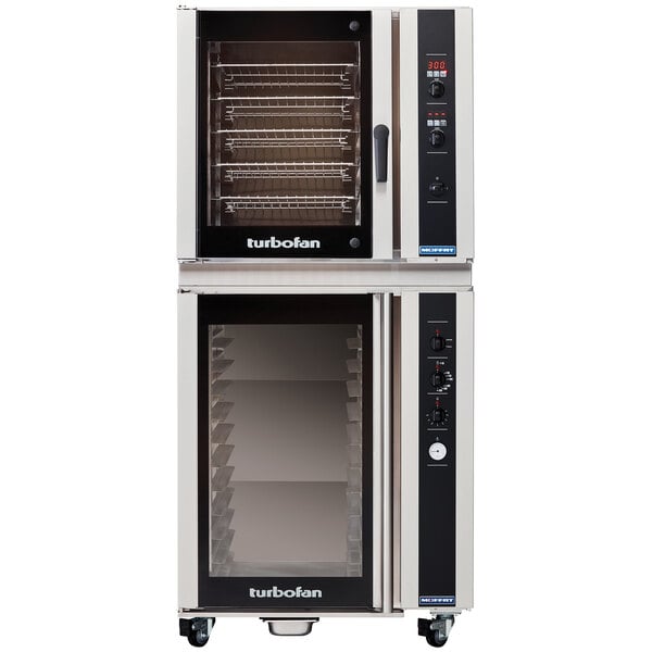 A full size electric digital convection oven with steam injection and a 12 tray holding cabinet or proofer.