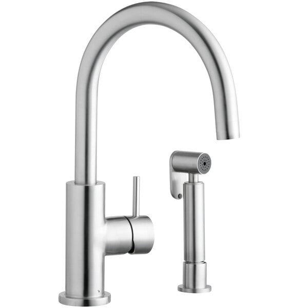 a silver faucet with a sprayer