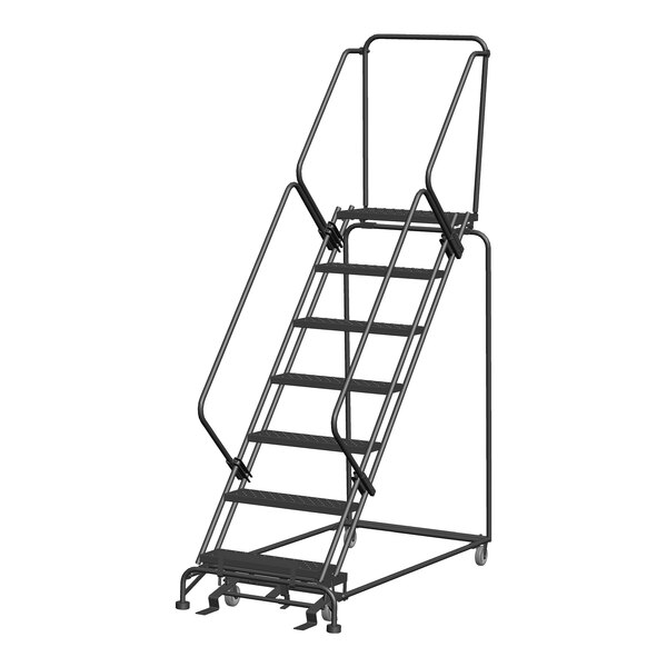 A gray steel Ballymore rolling ladder with handrails.