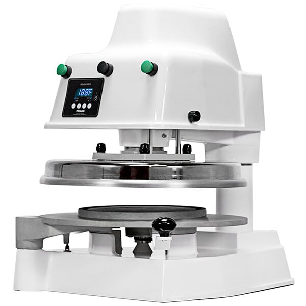 A white Proluxe pizza dough press with a black top and a white base.