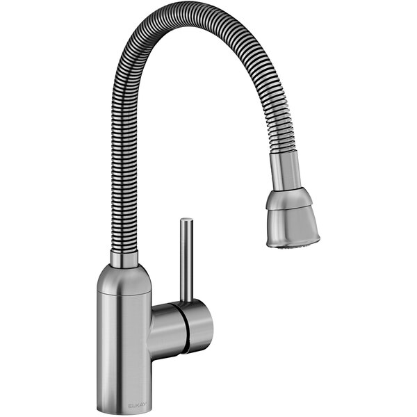 An Elkay deck-mount laundry faucet with a stainless steel finish and a flexible hose.